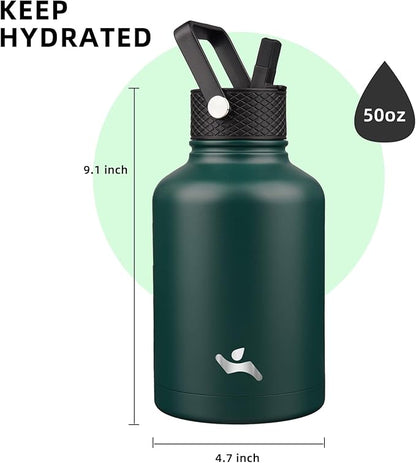 Insulated Water Bottle with Straw,50 oz 3 Lids Water Jug with Carrying Bag,Paracord Handle,Double Wall Vacuum Stainless Steel Metal Flask,Dark Green