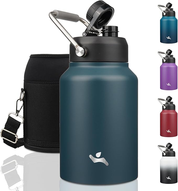 Half Gallon Jug with Handle,64 oz Insulated Water Bottle with Carrying Pouch,Double Wall Vacuum Stainless Steel Metal Bottle,Navy blue