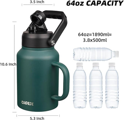 BJPKPK 64oz Insulated Water Bottle with Handle, Large Dishwasher Safe Half Gallon Water Bottle, BPA Free Water Jug, Wide Mouth Metal Flasks with Anti-slip Bottom, Keep Cold & Hot, Army Green
