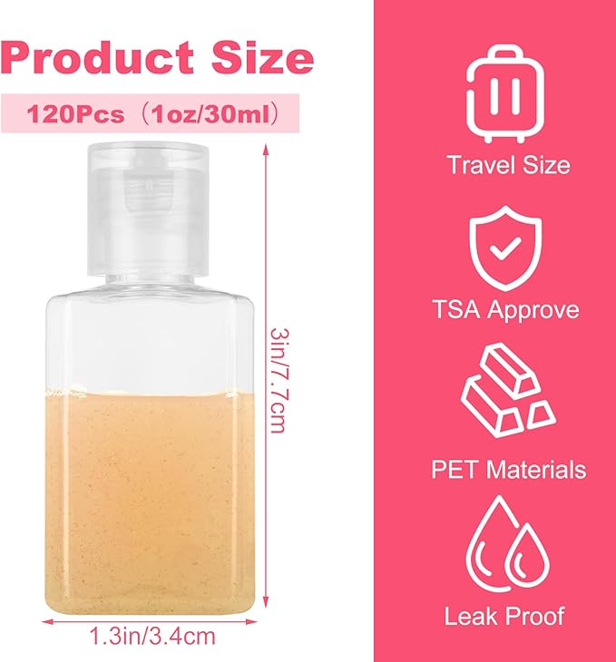 QTLCOHD 120 Pack 1 oz Plastic Refillable Bottles with Flip Cap, Small Hand Sanitizer Bottles, Travel Size Reusable Containers for Travel,Bussiness Trip,Outdoor Camping