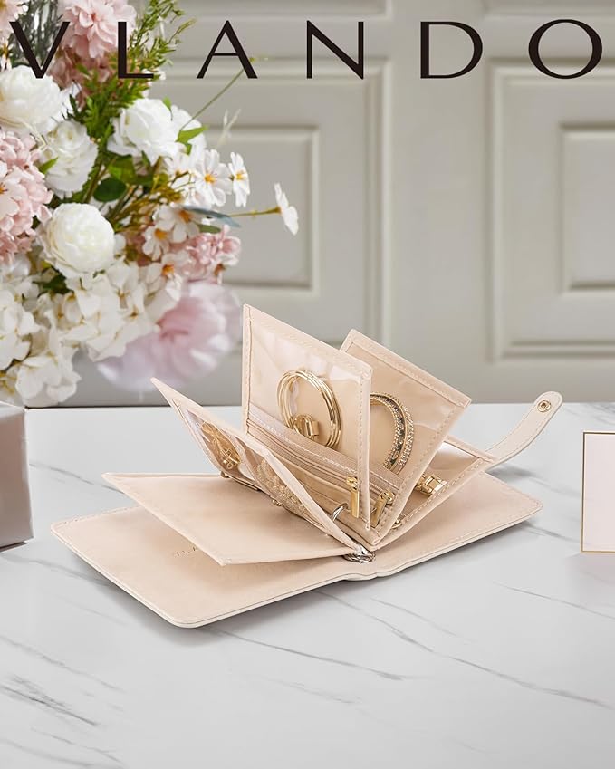 Vlando Travel Jewelry Organizer Case,Mothers Day Gifts for Her,Portable Jewelry Organizers Storage Book with Clear Zipper Velvet Jewelry Pouch Bag for Travel Essentials,Ring,Earring-Cream White