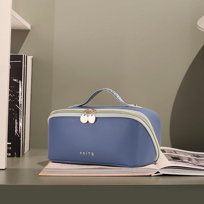 Prite Makeup Bag for Women Travel Waterproof Vegan Leather Cosmetic Bag Open Flat Toiletry Bag With Clear Divider and Handle (Blue)