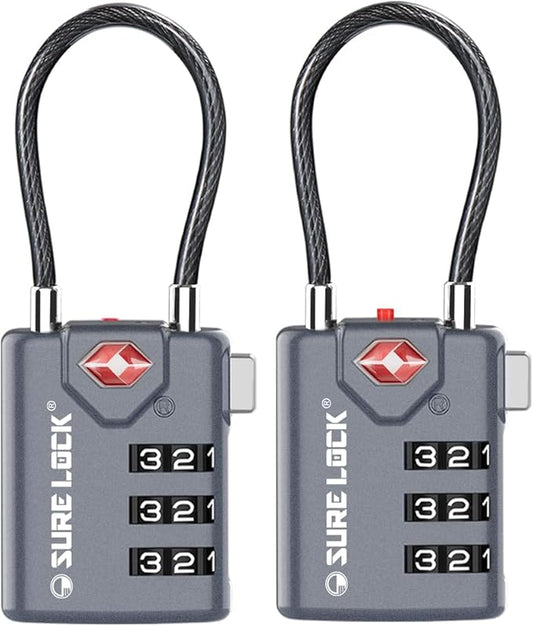 SURE LOCK TSA Approved Combination Luggage Locks with Open Alert Indicator – Durable Zinc Alloy Cable Travel Locks with Large Easy-Read Dials for Suitcases, Backpacks & Gym Bags(Grey 2 Pack)