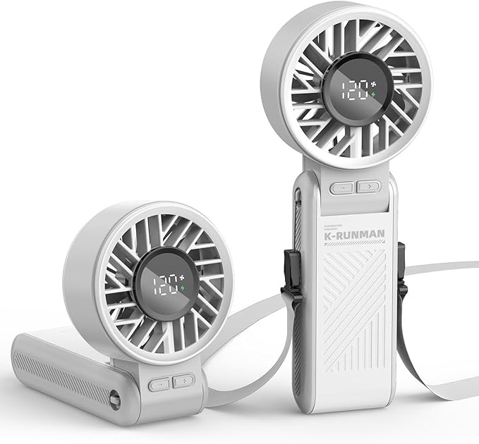 Portable Handheld Fan , 4000mAh Rechargeable Personal mini Fan, 3 IN 1 Foldable Mini Desk Fan with 6 Wind Speed, LCD Digital Display, Lanyard as Neck Fan, Ultra Quiet, Pocket Size for Women(Gray)