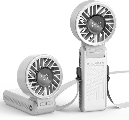 Portable Handheld Fan , 4000mAh Rechargeable Personal mini Fan, 3 IN 1 Foldable Mini Desk Fan with 6 Wind Speed, LCD Digital Display, Lanyard as Neck Fan, Ultra Quiet, Pocket Size for Women(Gray)