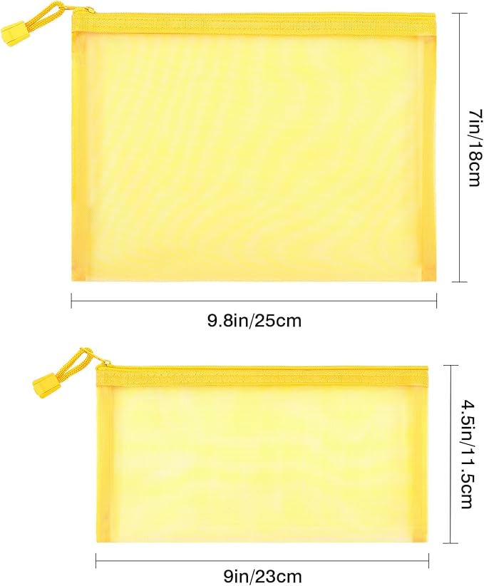 12 Pieces Zipper Nylon Mesh Pouch, Mesh Cosmetic Bags Makeup Bags Pencil Case, Multipurpose Travel Bags for Cosmetic School Office Supplies and Travel Accessories (Yellow, A5+B6)