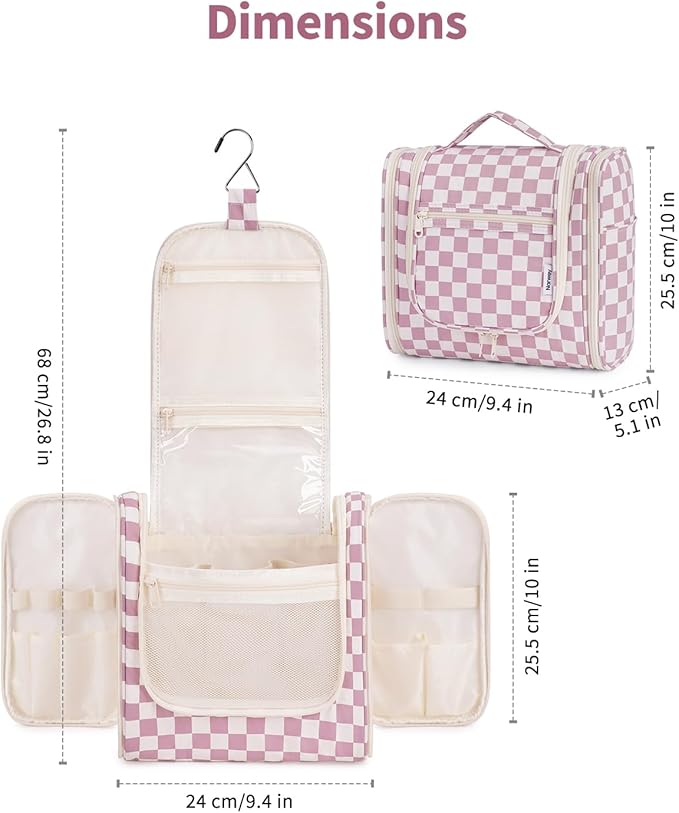 Narwey Checked Hanging Travel Toiletry Bag for Women, Travel Bag for Toiletries, Makeup Bag Organizer Cosmetic Bags Make Up Bags for Women (Dusty Rose Checkerboard)