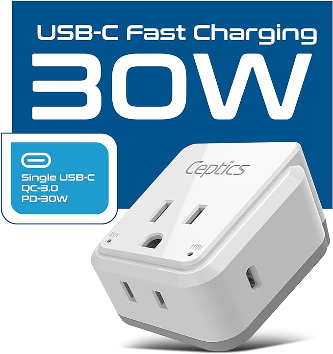 Ceptics World Travel Plug Adapter Set, Safe USB-C 3.0-2 USA Socket,30W PD & QC - Compact & Powerful - Use in Europe Includes Type A, B, C, E/F, G, I SWadAPt Attachments (PAK-30-WS)