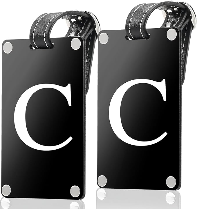 Premium 3-Layer Aluminum Luggage Tags by Fortuna - Easy to Claim, Laser-Engraved, Plastic-Free, and Eco-Friendly Luggage Tag Holders, 2-Pack, Black (C)