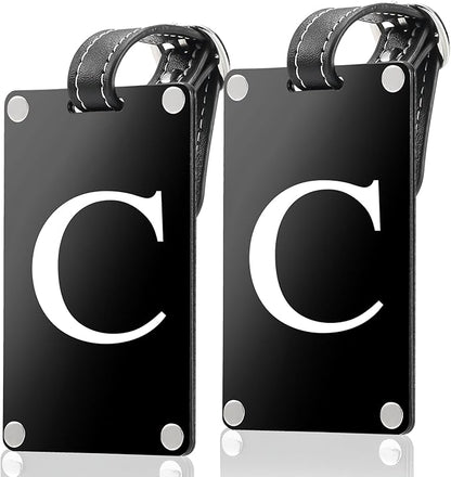 Premium 3-Layer Aluminum Luggage Tags by Fortuna - Easy to Claim, Laser-Engraved, Plastic-Free, and Eco-Friendly Luggage Tag Holders, 2-Pack, Black (C)