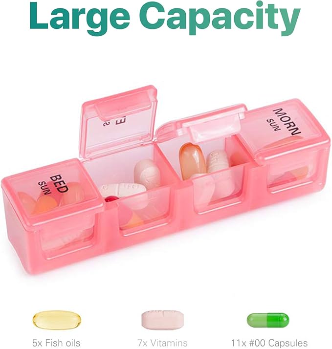 Sukuos Weekly Pill Organizer 7 Day 4 Times a Day, Moisture-Resistant Large Daily Pill Box Medicine Cases for Vitamin/Fish Oil/Supplements (Pink)