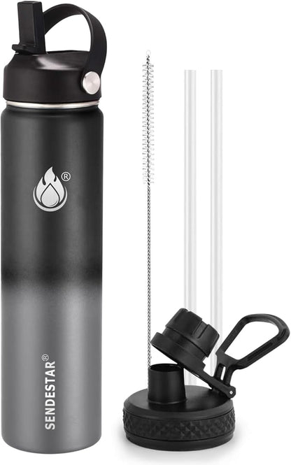 Insulated Water Bottle 24 oz with Straw, Stainless Steel Wide Mouth Water Bottle, Double Wall Vacuum Leak Proof with Straw Lid & Spout Lid for Sports or Office, Keep Cold or Hot Up to 24 Hrs