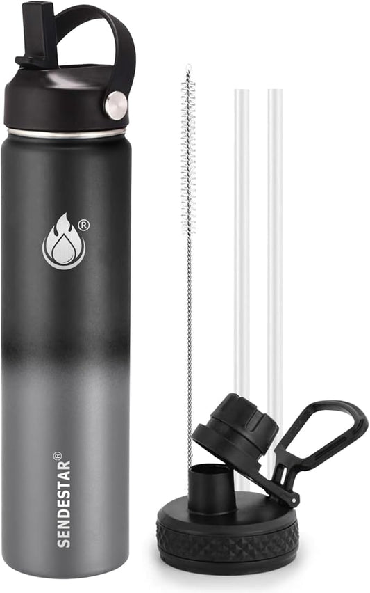 Insulated Water Bottle 24 oz with Straw, Stainless Steel Wide Mouth Water Bottle, Double Wall Vacuum Leak Proof with Straw Lid & Spout Lid for Sports or Office, Keep Cold or Hot Up to 24 Hrs