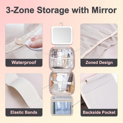 Glint&Glide Travel Makeup Bag with LED Lighted Detachable Mirror, Tri-light Dimmable - Hanging Multi-Compartment Organizer for Women, Portable Cosmetic Case with Four Divided Storage, Pink
