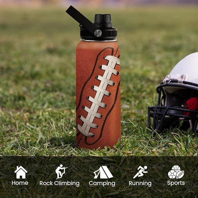 Football Water Bottle - 32oz Insulated Stainless Steel Sports Bottles - Gifts for Men Football Lovers Fan Players