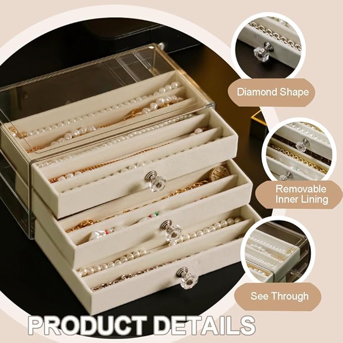 SPAKOWN Necklace Organizer Box, Velvet Necklace Box Holder Tray with Clear Lid Chains Showcase Stackable Necklace Storage for Pendant Bracelet (3 Drawers - Beige)