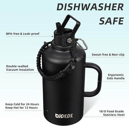 BJPKPK 2/3 Gallon Water Bottle Insulated with Straw Lid, 50oz, 64oz, 87oz, 128oz Large, Stainless Steel Water Bottles with 3 Lids and Paracord Strap, Double Wall Vacuum Metal Water Jug,Black