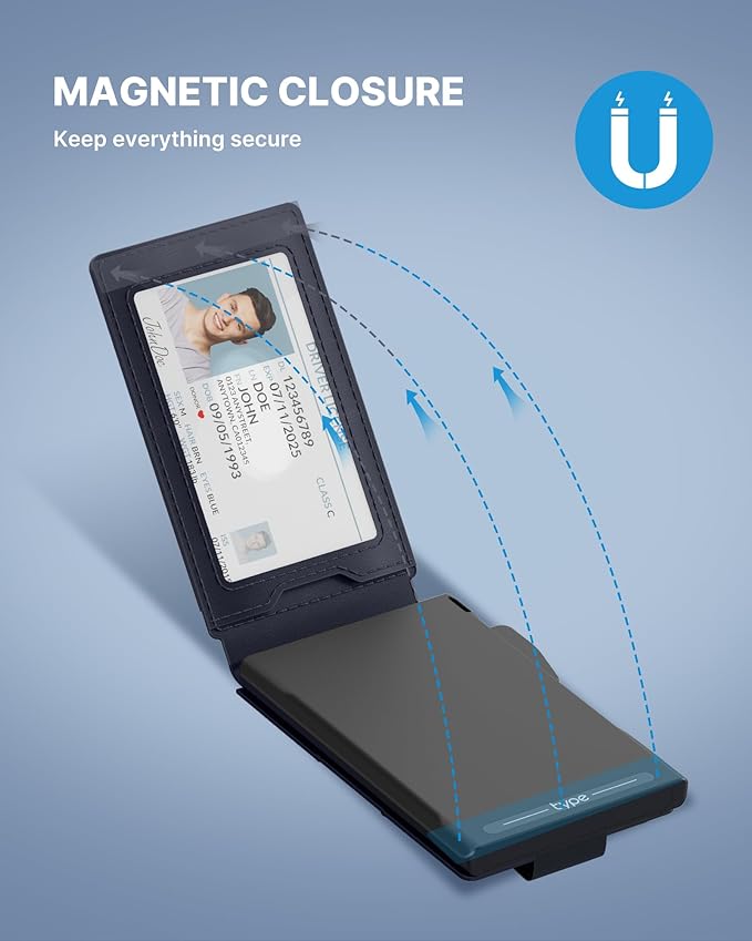 typecase Tactical Wallet for Men Card Holder: Pop Up Card Case, Genuine Leather, Smart, RFID Blocking, Slim, Minimalist, Thin, Front Pocket - 9-13 Card Capacitiy, ID Window, Money Clip (Navy)