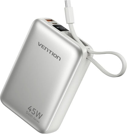 VENTION 45W Power Bank, CCC Certified 20000mAh with Built-in USB-C Cable, Fast Charging Travel Portable Charger with LED Digital Display for iPhone 17/16/15 Xiaomi Galaxy S26/S25 iPad Laptop(Beige)