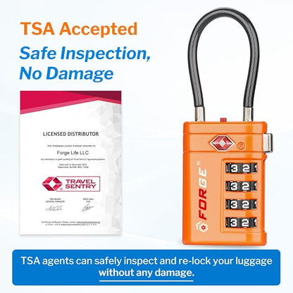 Forge TSA Approved Luggage Locks 4 Digit Combination TSA Travel Locks with TSA008, Open Alert Indicator, Zinc Alloy Body for Luggage, Suitcase, Backpack, and More. Orange 4 Locks.