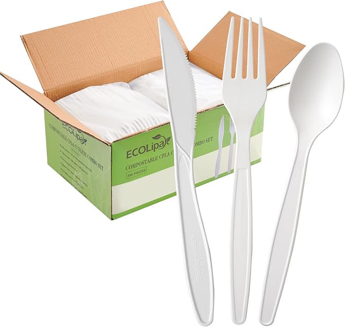 ECOLipak 350 Pcs Compostable Cutlery Set, 7 Inch Large Size Biodegradable Disposable Silverware Set 150 Forks 100 Spoons 100 Knives, Heavy Duty Bio based CPLA Utensils for Party, BBQ, Picnic