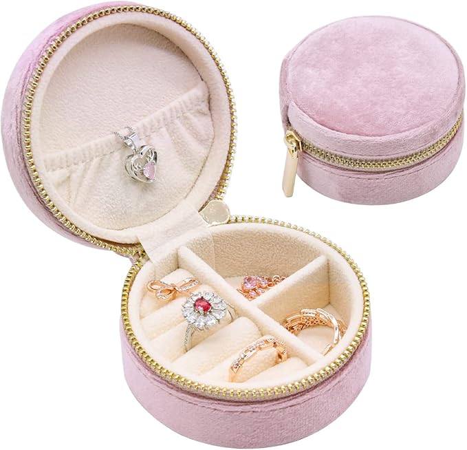 TAIMY Small Jewelry Travel Case, Round Mini Travel Jewelry Box for Women Girls, Portable Mini Jewelry Travel Organizer Boxes for Rings Earrings Necklaces Bracelets(Pink Lavender)