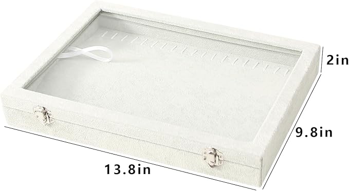 Coward 20 Hooks Necklace Organizer Jewelry Box, Grey Beige Velvet Necklace Display Tray Case with Transparent Glass Lid for Home Use or Store Selling Show
