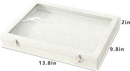 Coward 20 Hooks Necklace Organizer Jewelry Box, Grey Beige Velvet Necklace Display Tray Case with Transparent Glass Lid for Home Use or Store Selling Show