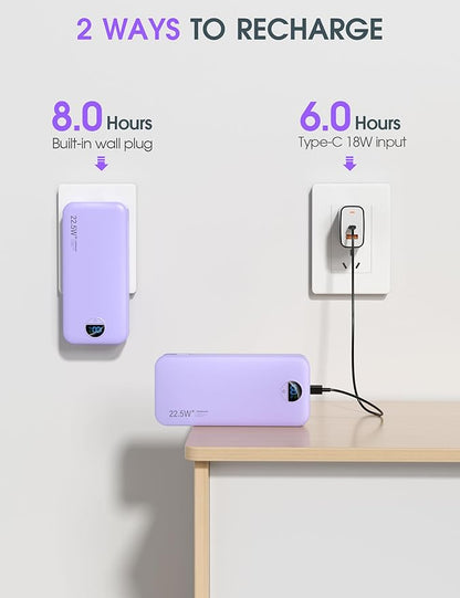 Portable Charger Power Bank, 20000mAh 22.5W USB C Fast Charging with Built-in Cables & Wall Plug, External Battery Pack with LED Display, Travel Essentials for iPhone, iPad, Samsung Purple