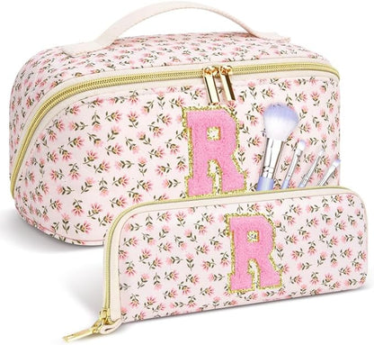 Personalized Travel Makeup Bag Set,Initial Travel Cute Floral Makeup Organizer Bag,Toiletry Skincare Cosmetic Bag,Christmas Gifts for Women/Girls,Open Flat Toiletry Pouch with Brush Pocket-R