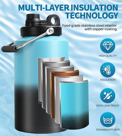 Insulated Water Bottle, 1 Gallon Jug with Handle, 128 oz Stainless Steel Large Water Bottle Wide Mouth Double Vacuum for Hot & Cold Drinks, Gradient Blue