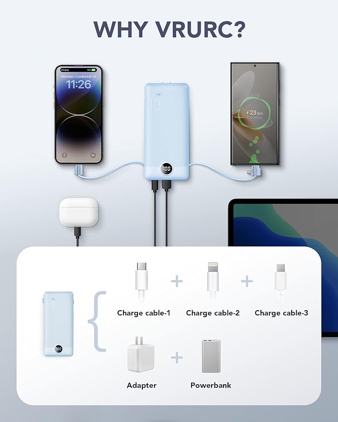 VRURC Portable Charger Built-in Cables and AC Wall Plug, USB C Power Bank 10000mAh, Travel Essentials Phone Charger Compact Lightweight External Battery Pack for Smart Phones, Tablets etc-Blue