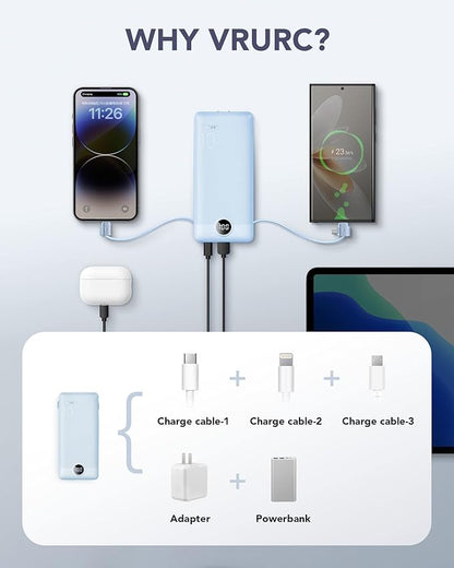 VRURC Portable Charger Built-in Cables and AC Wall Plug, USB C Power Bank 10000mAh, Travel Essentials Phone Charger Compact Lightweight External Battery Pack for Smart Phones, Tablets etc-Blue