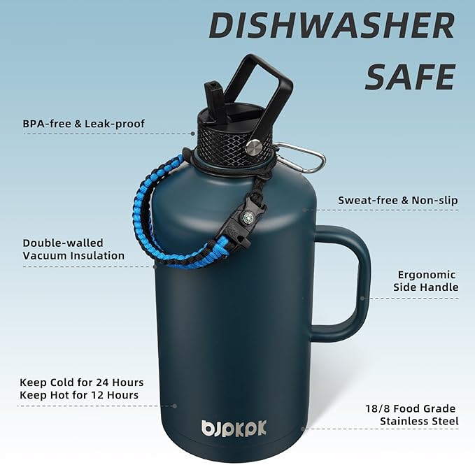 BJPKPK 1 Gallon Water Bottle Insulated with Straw Lid, 50oz, 64oz, 87oz, 128oz Large, Stainless Steel Water Bottles with 3 Lids and Paracord Strap, Double Wall Vacuum Metal Water Jug,Navy Blue