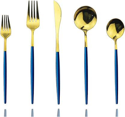 JASHII Blue Gold Silverware Set, 20-Piece Stainless Steel Satin Finish Flatware, Kitchen Utensils, Mirror Polished Tableware Cutlery for Home and Restaurant, Dishwasher Safe