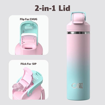OISIZ Insulated Water Bottle 24 oz with 2 in 1 Spout and Straw Lid,One Click Safety Lock,100% Leakproof,Keep Cold 24H,Vacuum Stainless Steel Water Bottle for School,Travel and Sports,Dishwasher Safe
