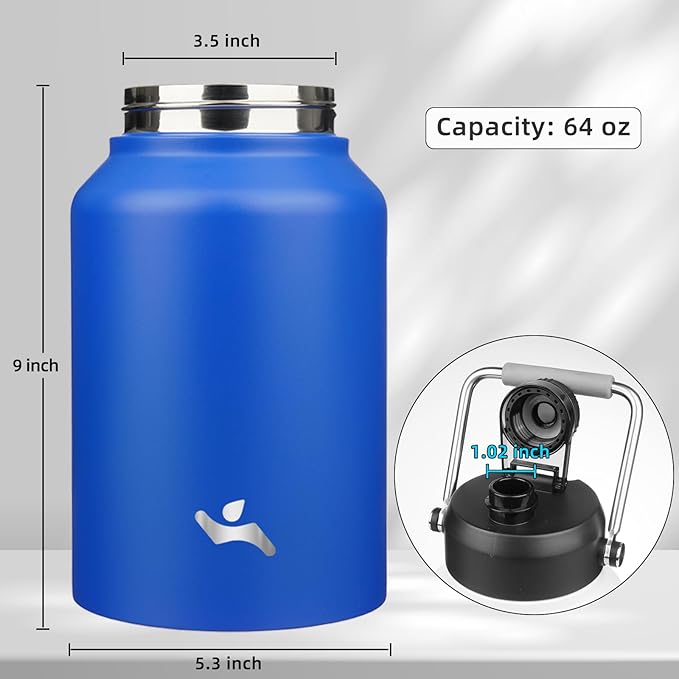 Half Gallon Jug with Handle,64 oz Insulated Water Bottle with Carrying Pouch,Double Wall Vacuum Stainless Steel Metal Bottle,Blue