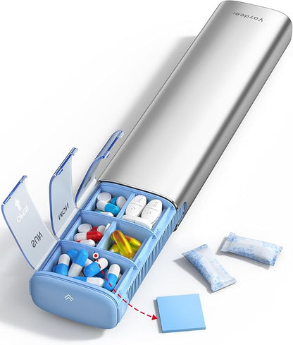 VAYDEER Metal Weekly Pill Organizer – Moisture-Proof Travel Pill Organizer with Built-in Desiccant Chamber and Airtight Lids – Large-Capacity Pill Box for Vitamins, Medicines & Supplements(Sliver)