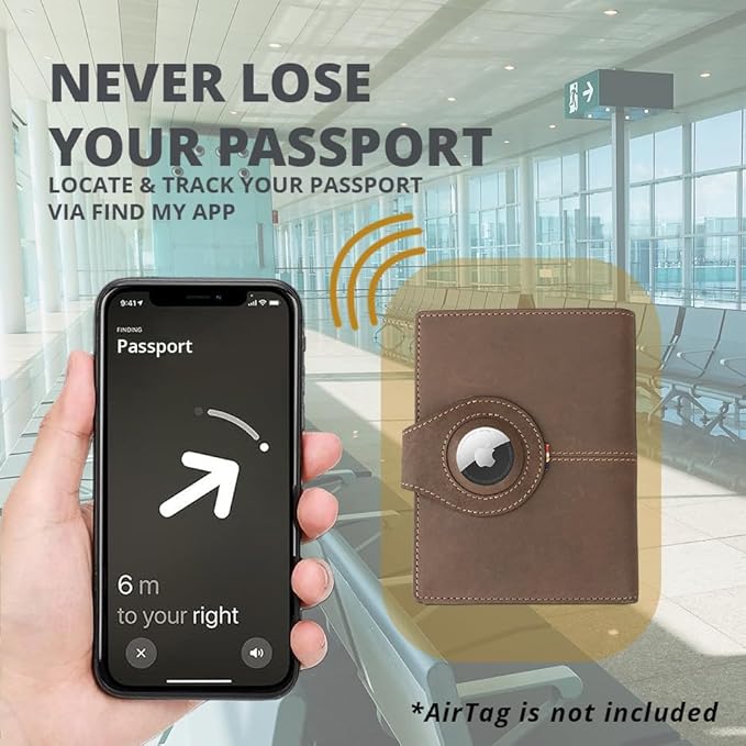 GARZINI Passport Holder with AirTag, Passport Wallet with RFID, Travel Accessories, Travel Document Holder with ID Window, Leather Passport Holder for 7 Cards, Java Brown