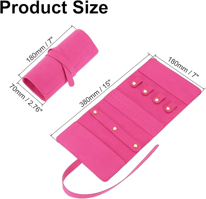uxcell Travel Jewelry Bag Roll, Foldable Jewelry Travel Organizer with Tie Close Microfiber Jewelry Storage Roll Jewelry Case for Women Gift Necklaces Earrings Rings Bracelets, Rose Red