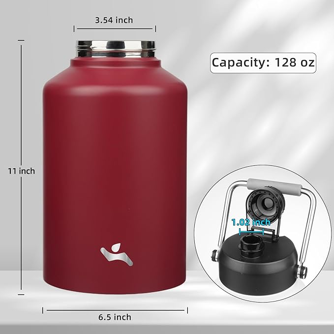 1 Gallon Jug with Handle,128 oz Insulated Water Bottle with Carrying Pouch, Double Wall Vacuum Stainless Steel Metal Bottle,Dark red