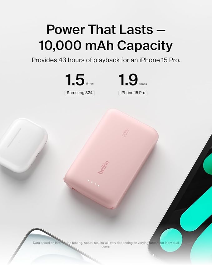 Belkin Portable Charger, Power Bank with Integrated Cable 10000 mAh 20W - Fast Charge USB C Power Delivery - iPhone 17, Air, Pro, Pro Max, iPad, AirPods, Apple Watch, Galaxy S25, & More - Pink