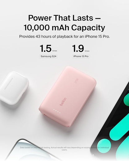 Belkin Portable Charger, Power Bank with Integrated Cable 10000 mAh 20W - Fast Charge USB C Power Delivery - iPhone 17, Air, Pro, Pro Max, iPad, AirPods, Apple Watch, Galaxy S25, & More - Pink