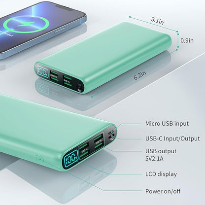 Portable Charger 38800mAh,LCD Display Power Bank,5 USB Outputs Battery Pack Backup, USB-C 3A in&out Travel Essential Portable Phone Charger For iPhone 17/16/15/14/13 Pro,Android Samsung Galaxy-Green
