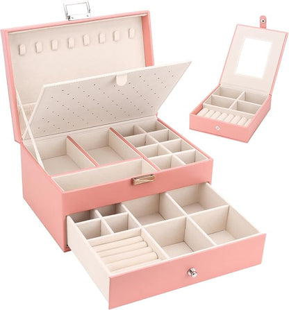 DesignSter Jewelry Organizer Box, 2 Layers Large Jewelry Box with Travel Jewelry Case, Leather Jewelry Storage Case for Rings Earrings Bracelets Necklaces (Pink)