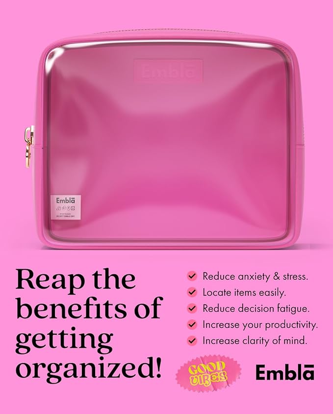 Embla London Makeup Bag Cosmetic Case, Clear Zipper Make Up Pouch and Toiletry Travel Tote, Cute Skincare Pouches for Women Girls, Preppy Purse Cosmetic Organizer, Large Makeup Bags, Bubblegum
