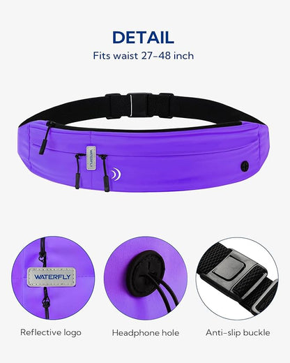 WATERFLY Running Belt Fanny Pack: Runner Marathon Jogging Waist Pack Sport Workout Exercise Fitness Phone Holder Belt for Men Women Jogger Slim Waistband