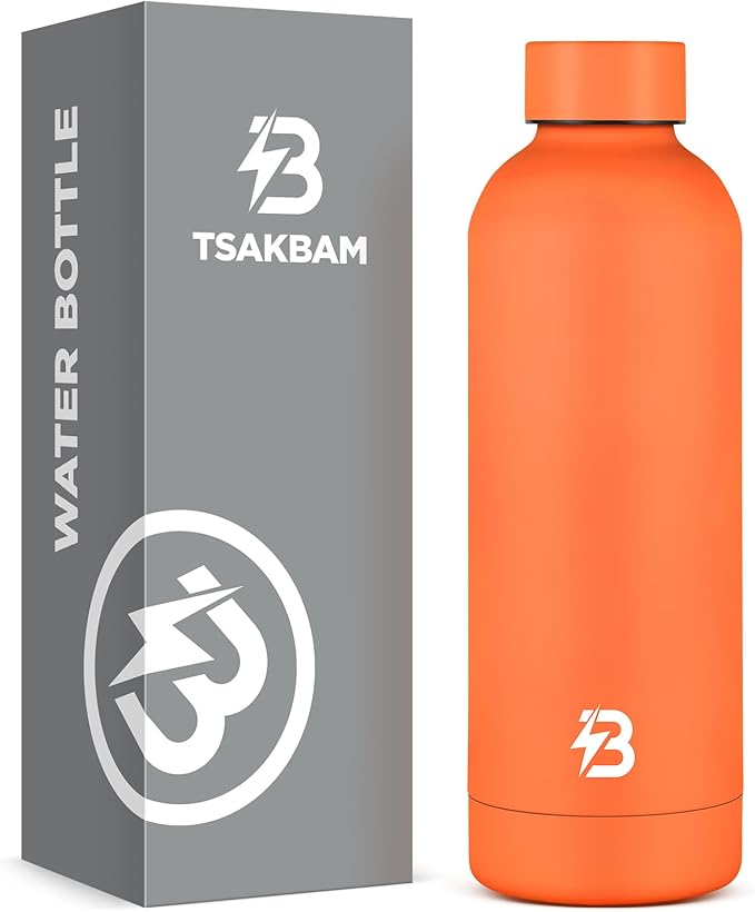 Insulated Water Bottle with Lid, 17 oz Reusable Leak-Proof Metal Stainless Steel Water Bottles for Travel, Sports, Gym, Outdoor (Orange)