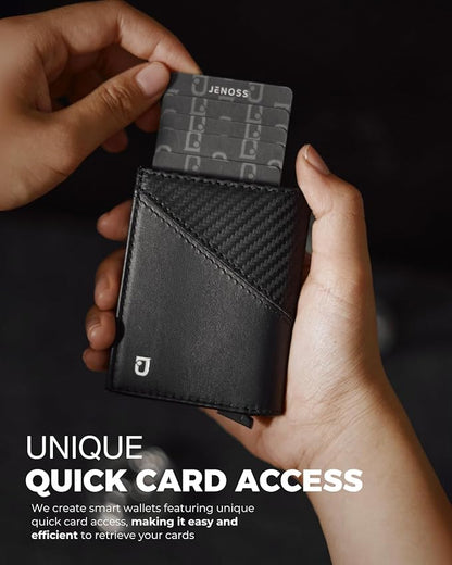 Jenoss Smart Wallet For Men: Full Grain Leather, Handcrafted, Slide Metal Pop Up Case, Slim RFID Blocking Credit Card Holder, Minimalist Compact 12 Cards Slot Organizers ID Money Clip (Black & Carbon)