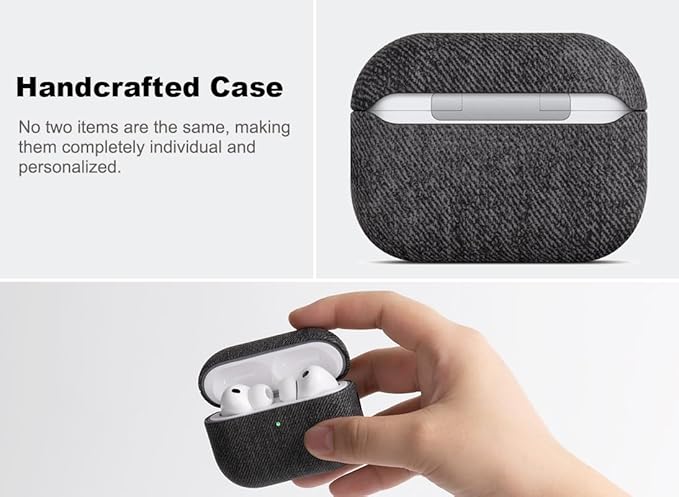 Handmade Case - for AirPods Pro 3 Case Cover - Selected Skin-Friendly Vegan Leather, Woolen Fabric Cloth Style, Drop Protective Hard Cover for AirPods Pro 3rd Generation Earbuds - Black
